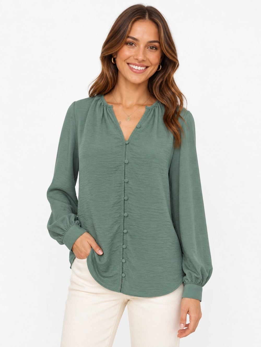 Nine West Dusty Sage Button-Front Blouse